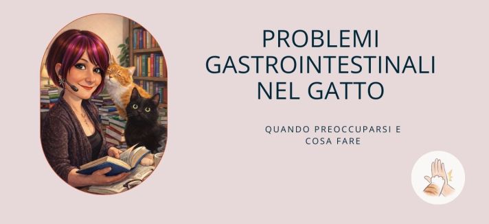 problemi gastrointestinali nel gatto, con una consulente e due gatti (uno rosso e uno nero).