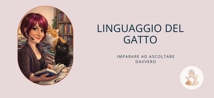 Immagine di copertina dell’articolo sul linguaggio del gatto e sull’ascolto dei segnali, con una consulente e due gatti (uno rosso e uno nero).